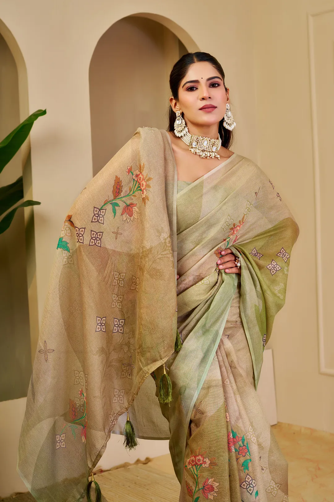 Cream Green Tissue Handloom Cotton Saree with Floral Print