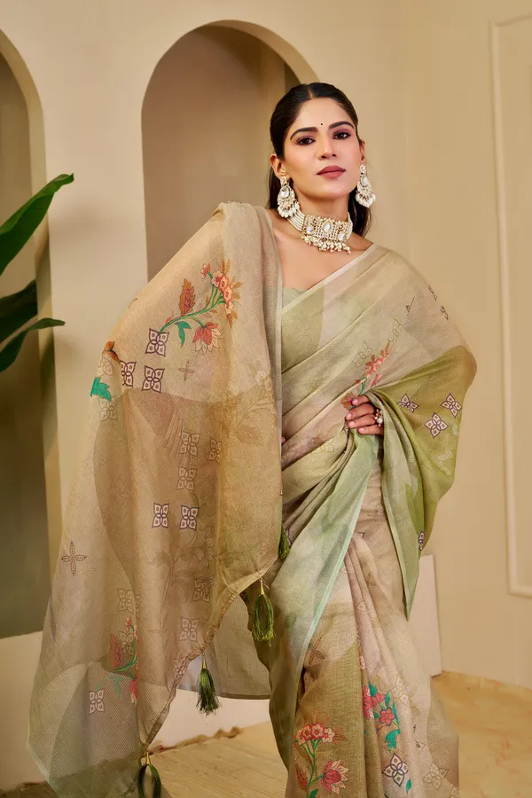 Cream Green Tissue Handloom Cotton Saree with Floral Print