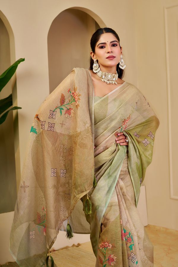 Cream Green Tissue Handloom Cotton Saree with Floral Print