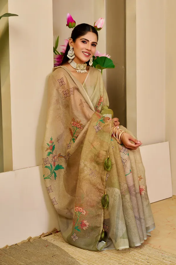 Cream Green Tissue Handloom Cotton Saree with Floral Print