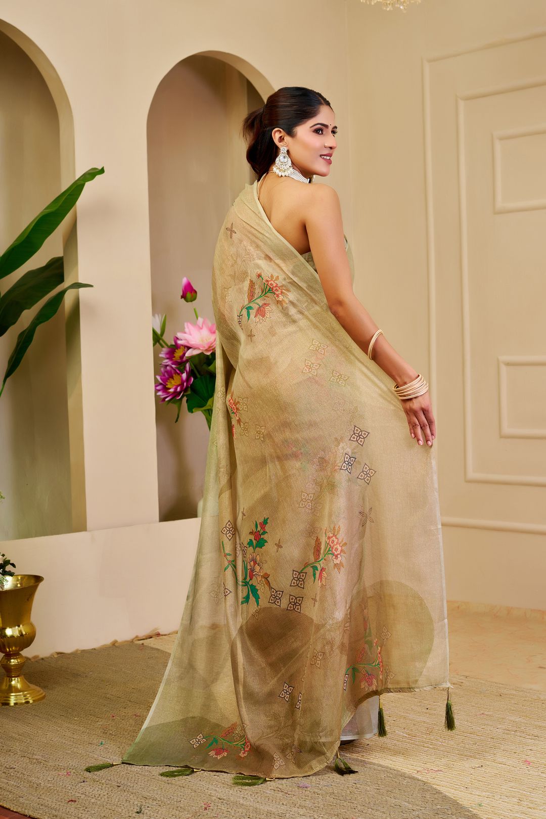 Cream Green Tissue Handloom Cotton Saree with Floral Print