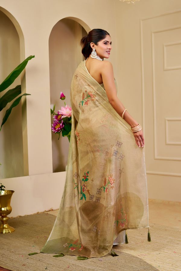 Cream Green Tissue Handloom Cotton Saree with Floral Print