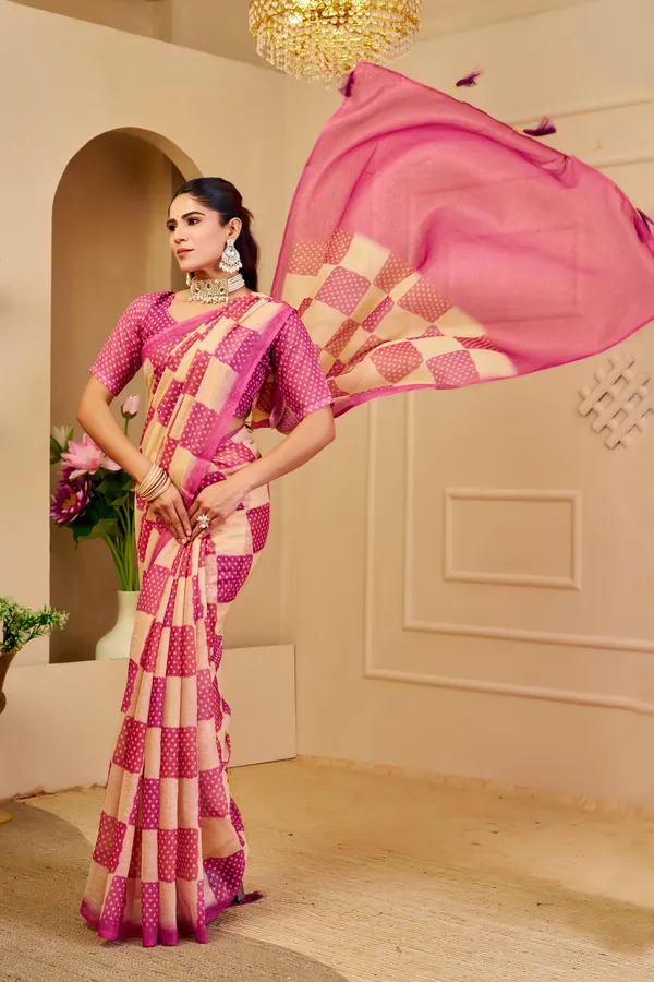 Cream Pink Tissue Handloom Cotton Saree with Zari