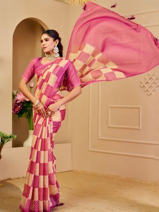 Cream Pink Tissue Handloom Cotton Saree with Zari