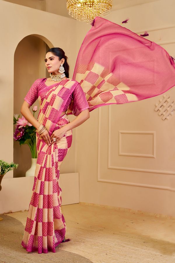 Cream Pink Tissue Handloom Cotton Saree with Zari
