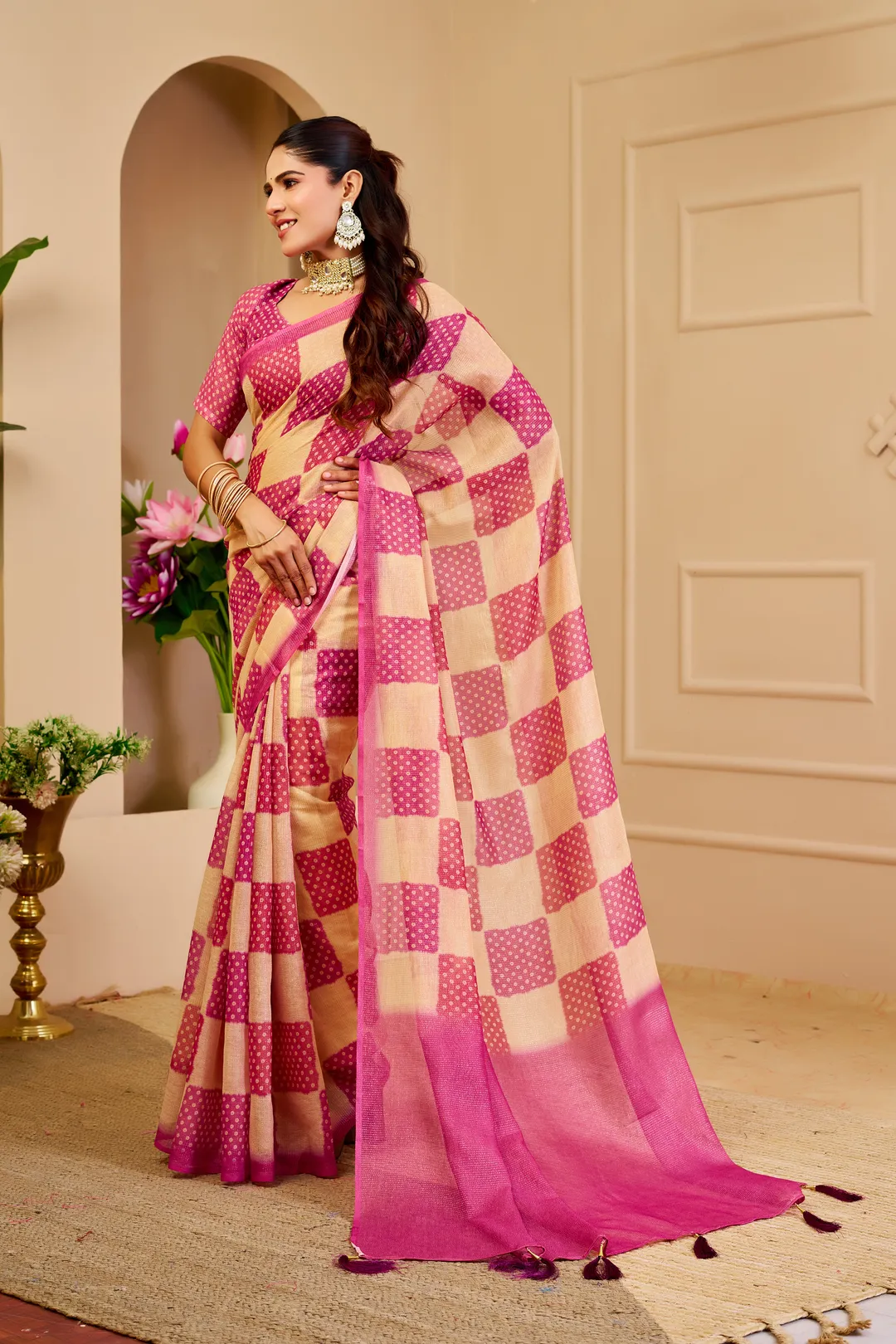 Cream Pink Tissue Handloom Cotton Saree with Zari
