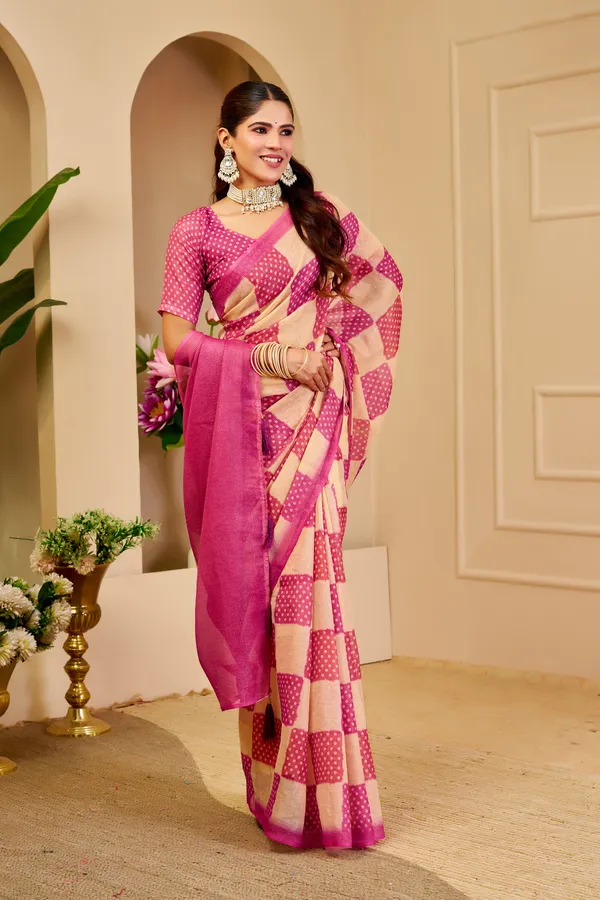 Cream Pink Tissue Handloom Cotton Saree with Zari
