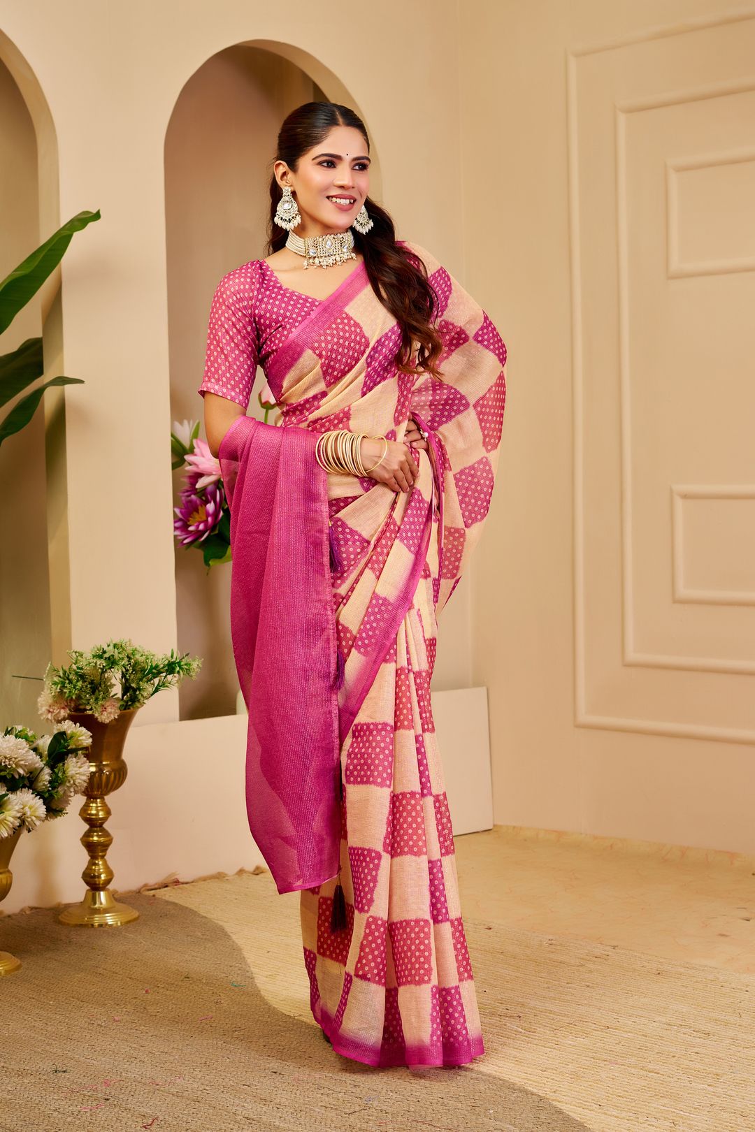 Cream Pink Tissue Handloom Cotton Saree with Zari