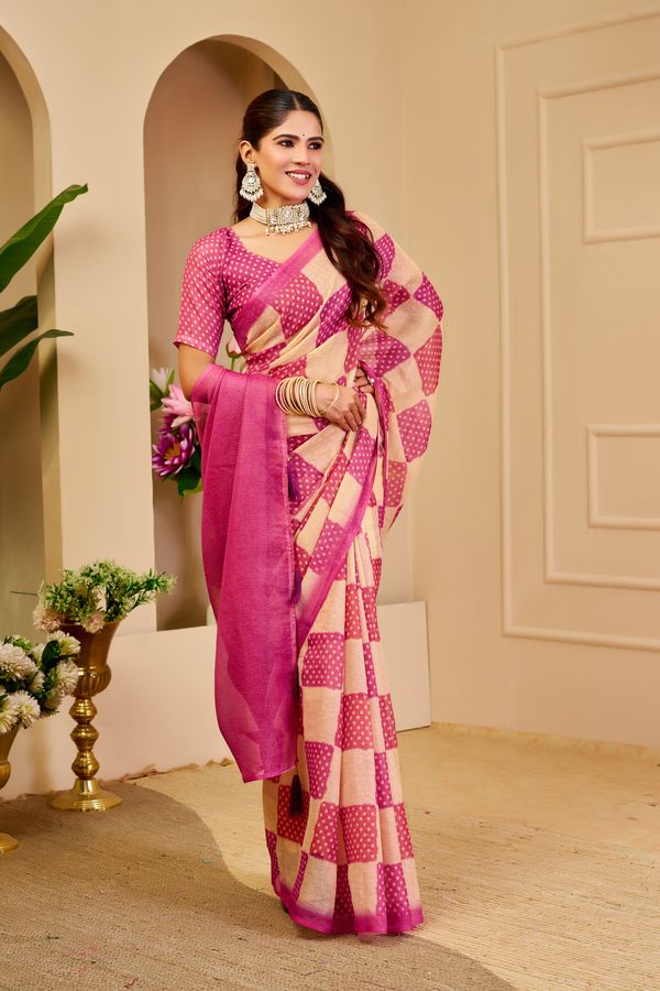Cream Pink Tissue Handloom Cotton Saree with Zari