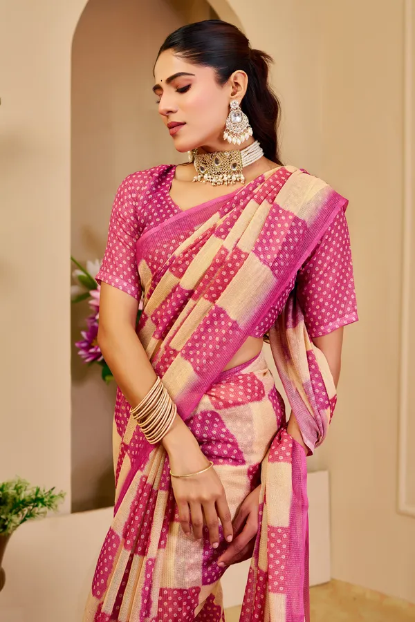 Cream Pink Tissue Handloom Cotton Saree with Zari