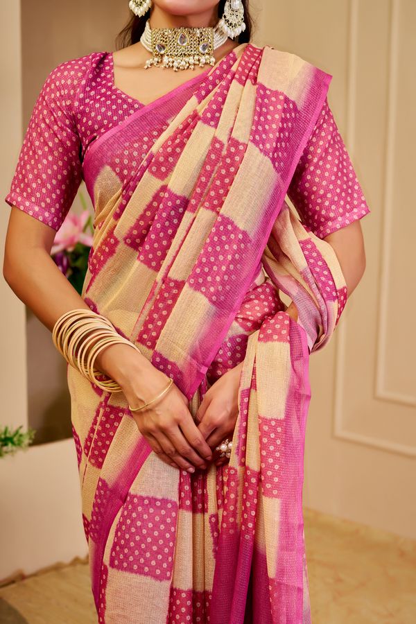 Cream Pink Tissue Handloom Cotton Saree with Zari