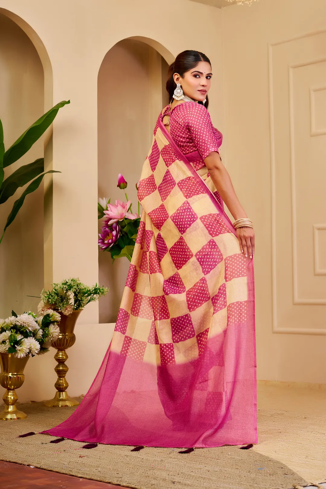 Cream Pink Tissue Handloom Cotton Saree with Zari