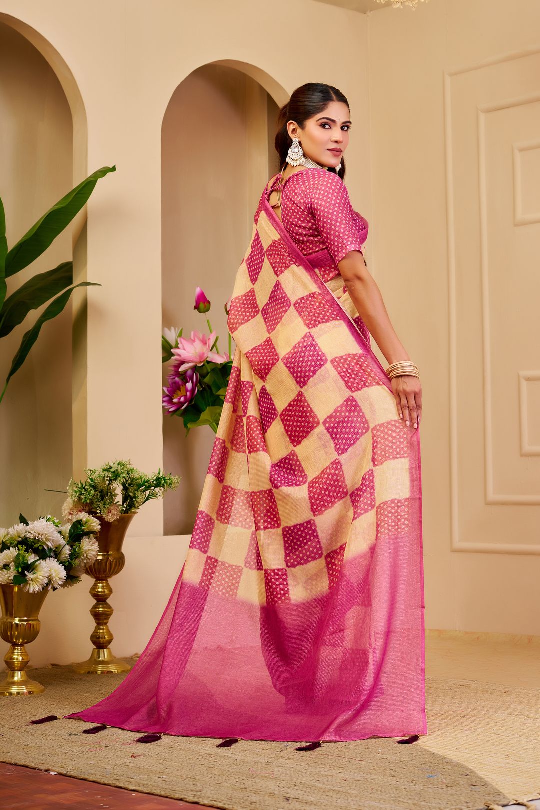 Cream Pink Tissue Handloom Cotton Saree with Zari