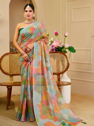 Pastel Floral Tissue Handloom Cotton Saree with Zari Weaves