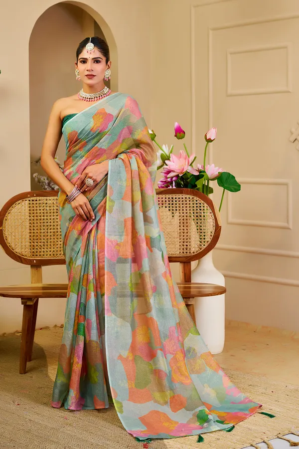 Pastel Floral Tissue Handloom Cotton Saree with Zari Weaves