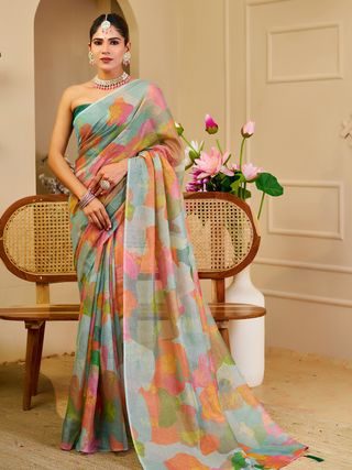 Pastel Floral Tissue Handloom Cotton Saree with Zari Weaves
