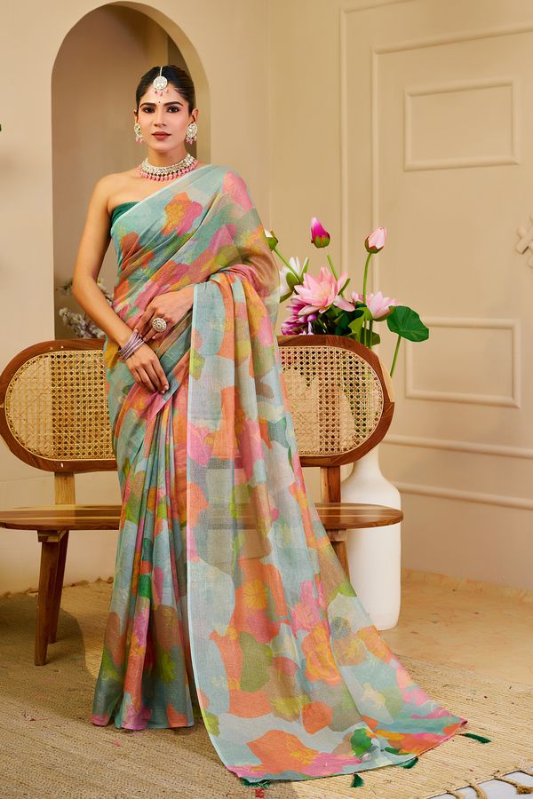 Pastel Floral Tissue Handloom Cotton Saree with Zari Weaves