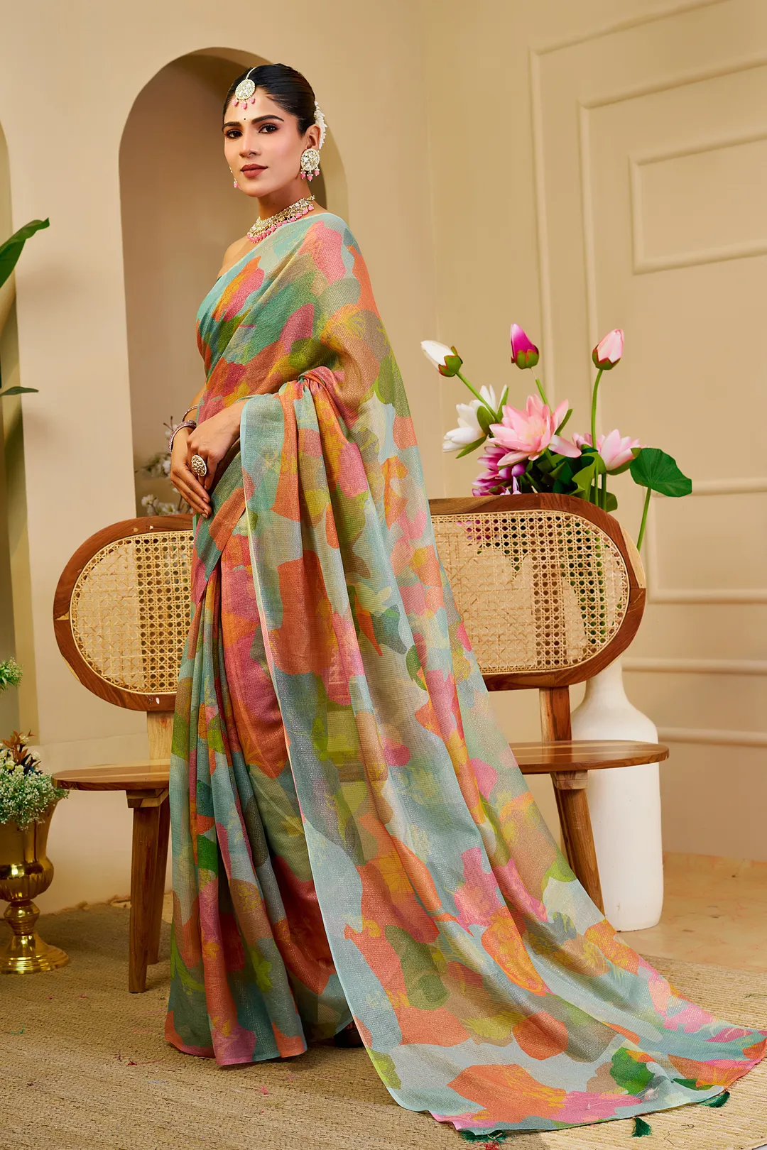 Pastel Floral Tissue Handloom Cotton Saree with Zari Weaves