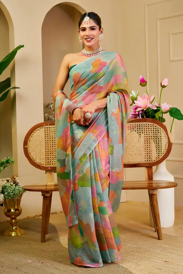 Pastel Floral Tissue Handloom Cotton Saree with Zari Weaves