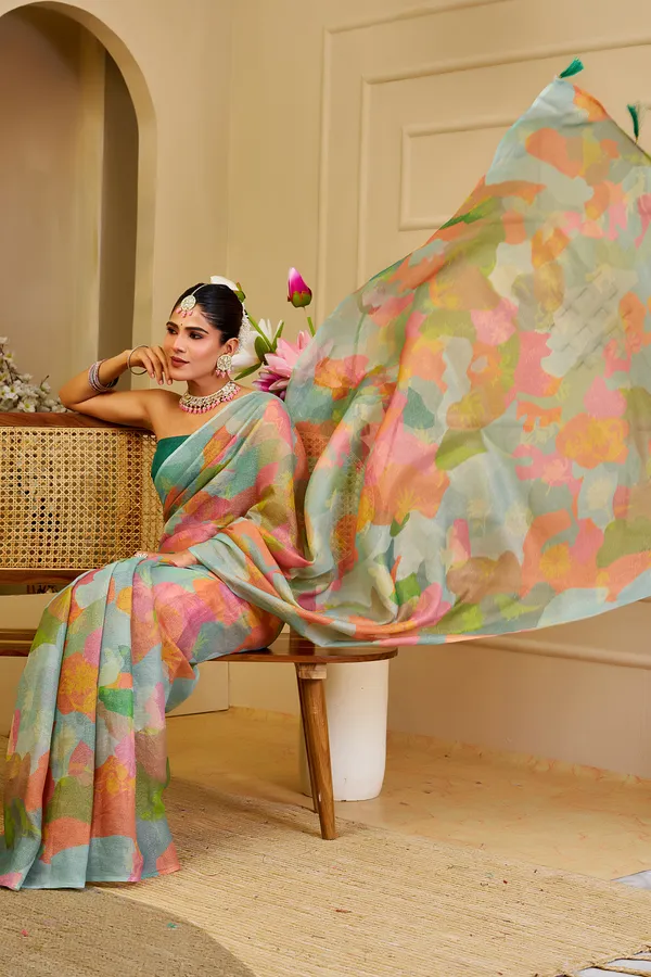 Pastel Floral Tissue Handloom Cotton Saree with Zari Weaves