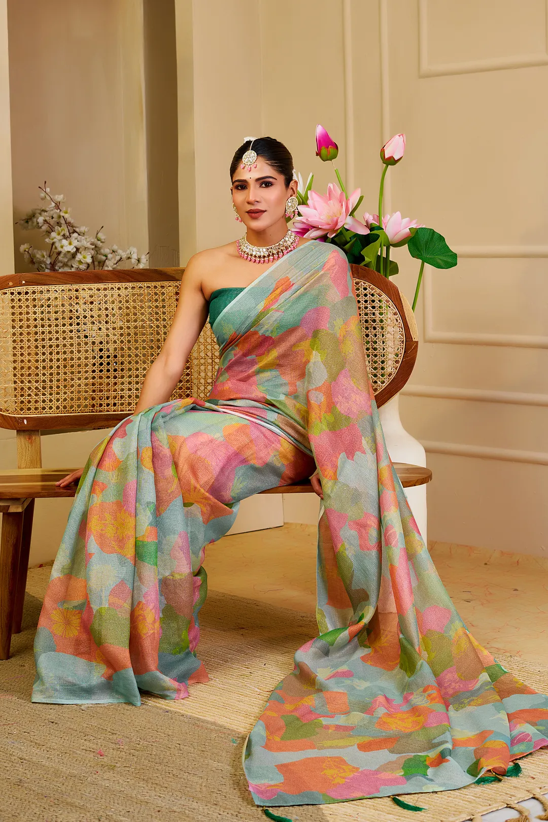 Pastel Floral Tissue Handloom Cotton Saree with Zari Weaves