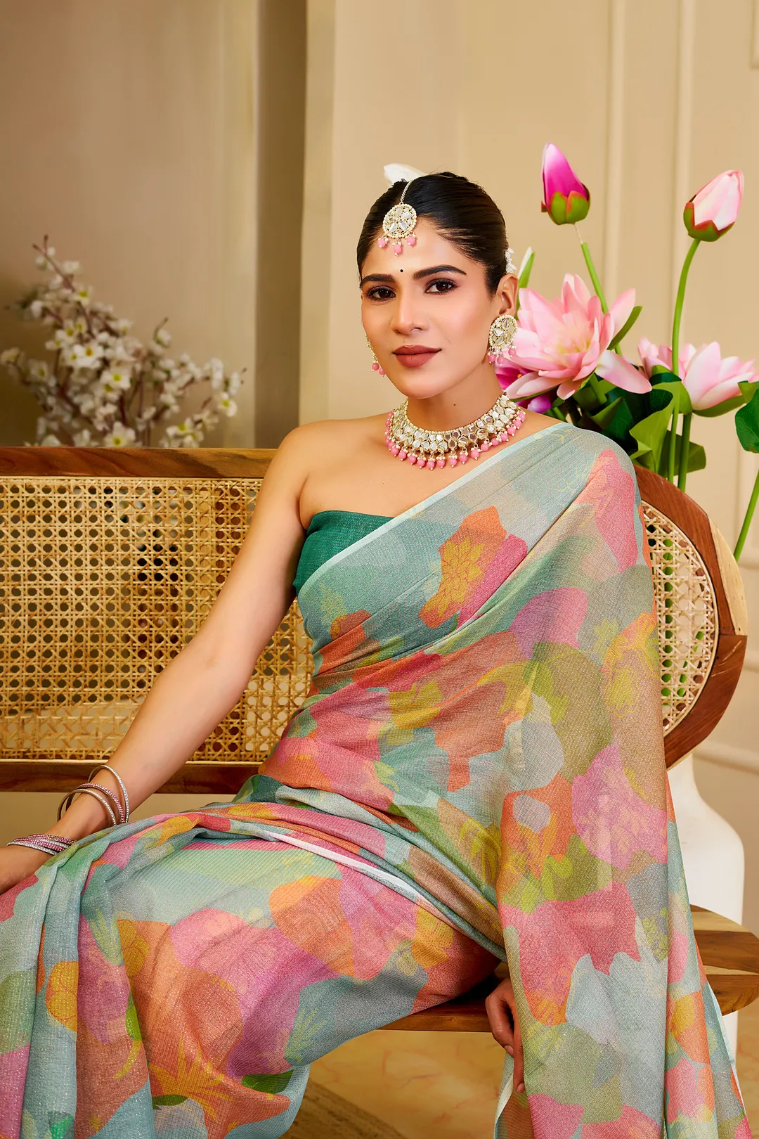 Pastel Floral Tissue Handloom Cotton Saree with Zari Weaves