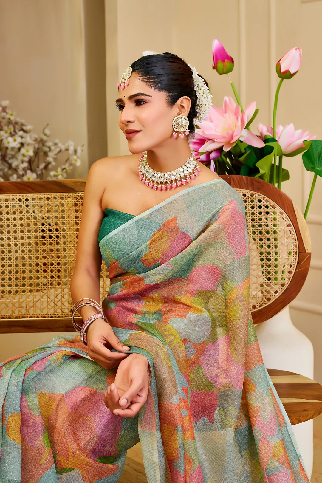 Pastel Floral Tissue Handloom Cotton Saree with Zari Weaves