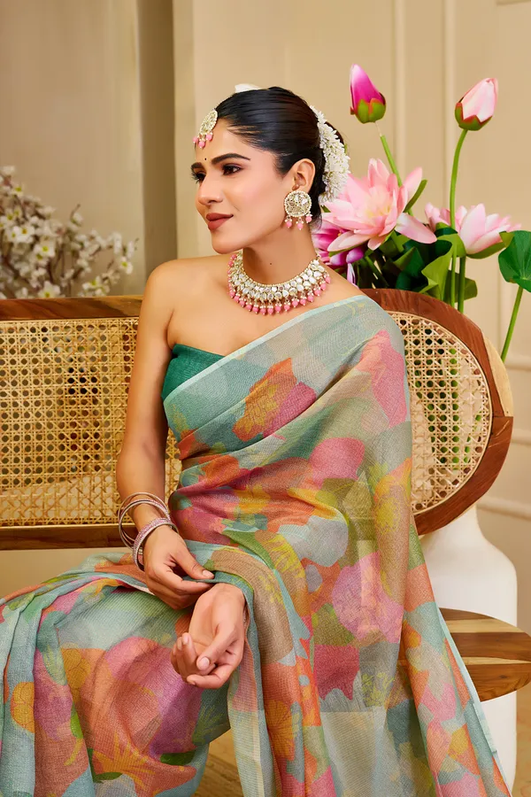 Pastel Floral Tissue Handloom Cotton Saree with Zari Weaves