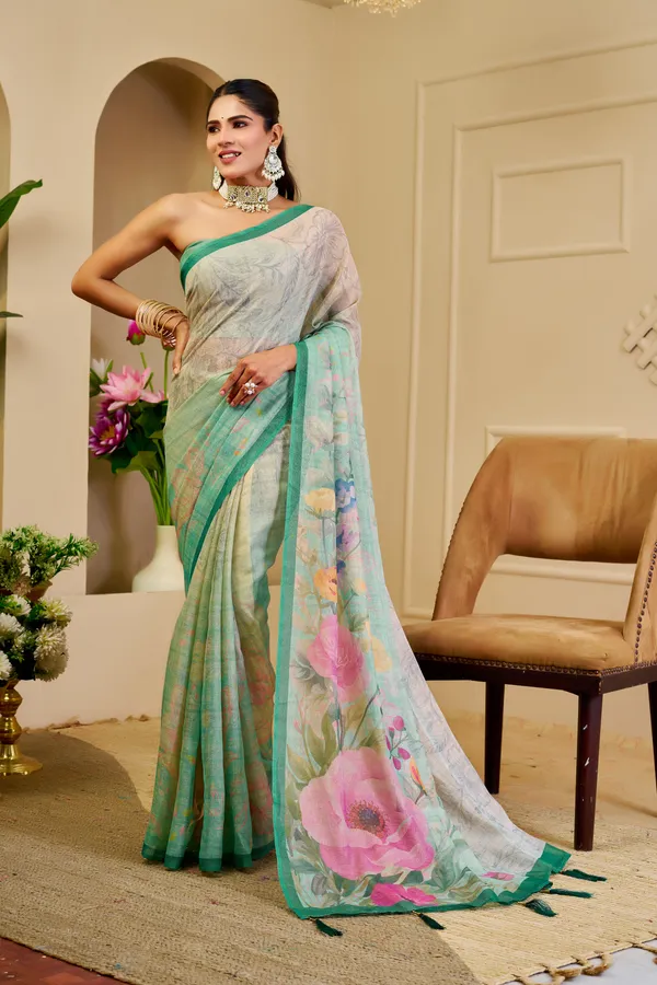 Cream Green Tissue Handloom Cotton Saree with Zari Details