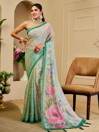 Cream Green Tissue Handloom Cotton Saree with Zari Details