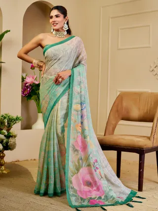 Cream Green Tissue Handloom Cotton Saree with Zari Details