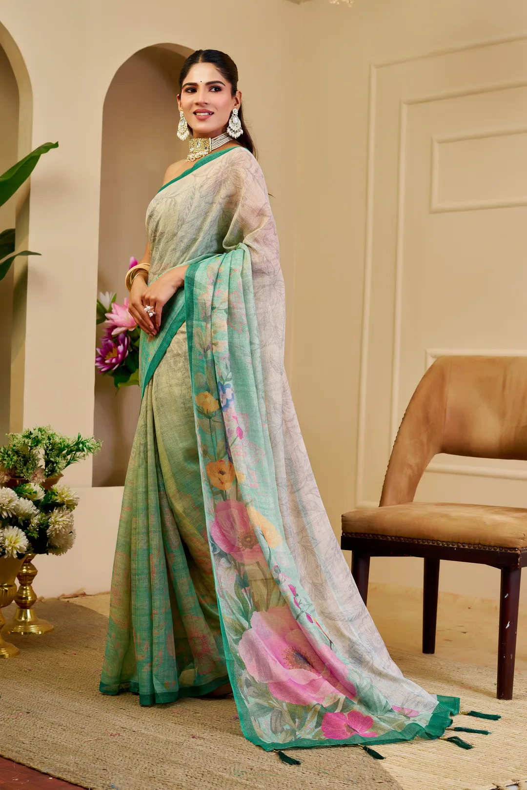 Cream Green Tissue Handloom Cotton Saree with Zari Details
