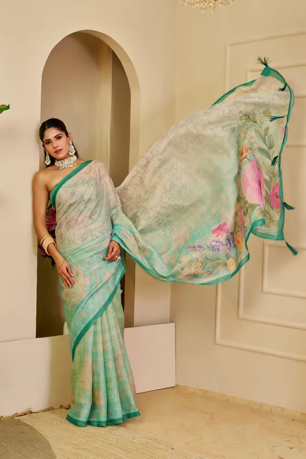 Cream Green Tissue Handloom Cotton Saree with Zari Details