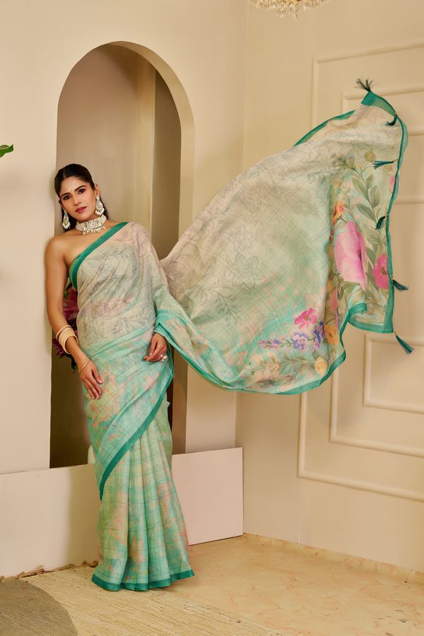 Cream Green Tissue Handloom Cotton Saree with Zari Details