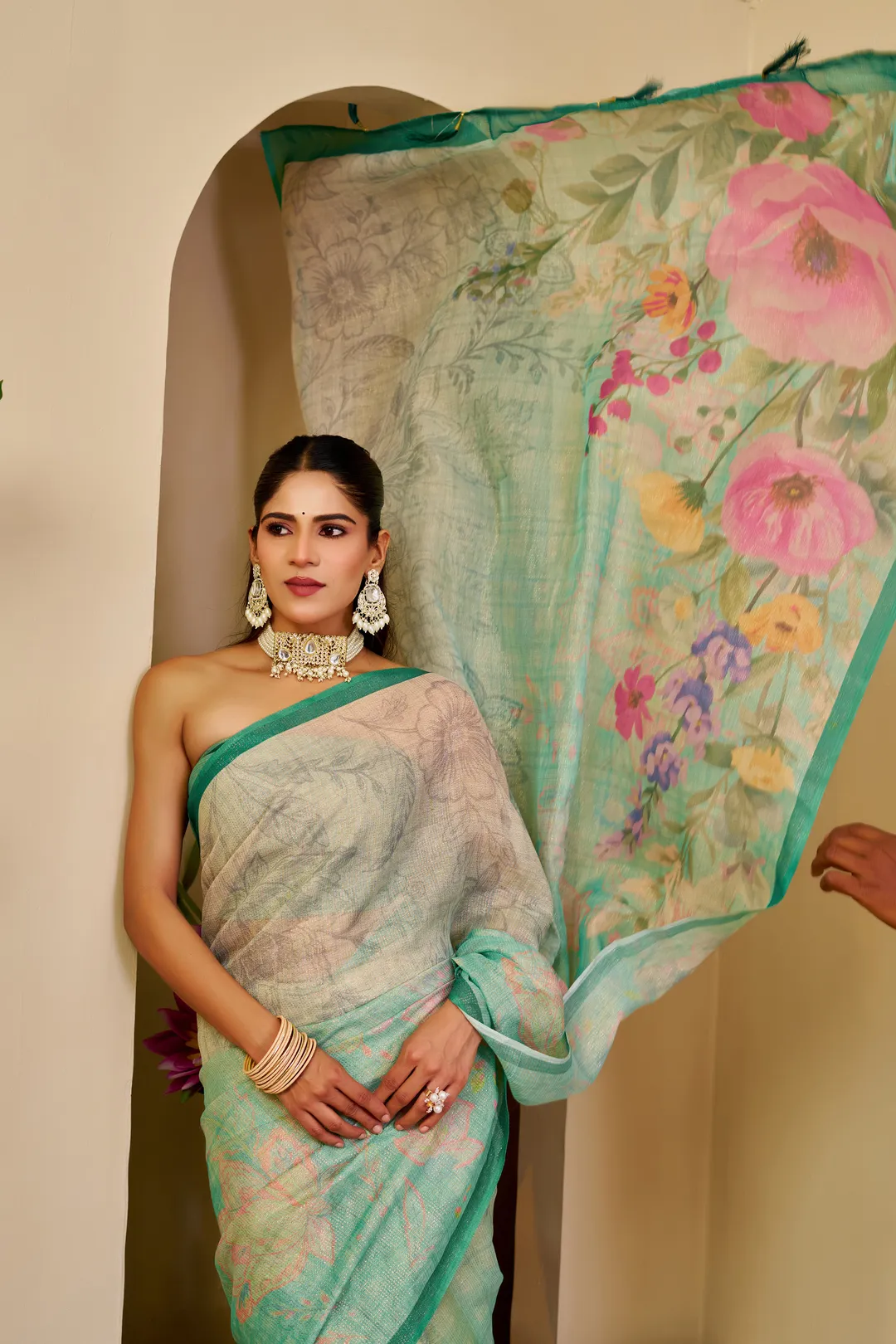 Cream Green Tissue Handloom Cotton Saree with Zari Details