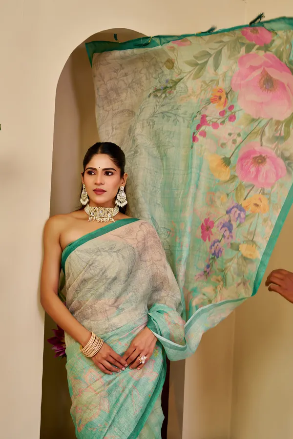 Cream Green Tissue Handloom Cotton Saree with Zari Details