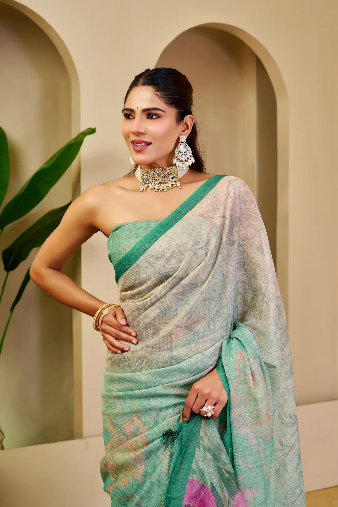 Cream Green Tissue Handloom Cotton Saree with Zari Details