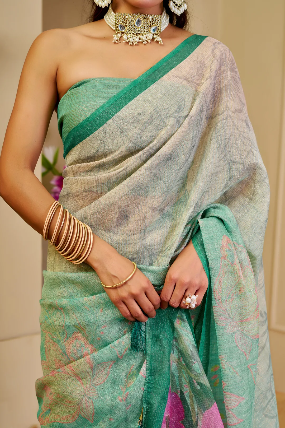 Cream Green Tissue Handloom Cotton Saree with Zari Details