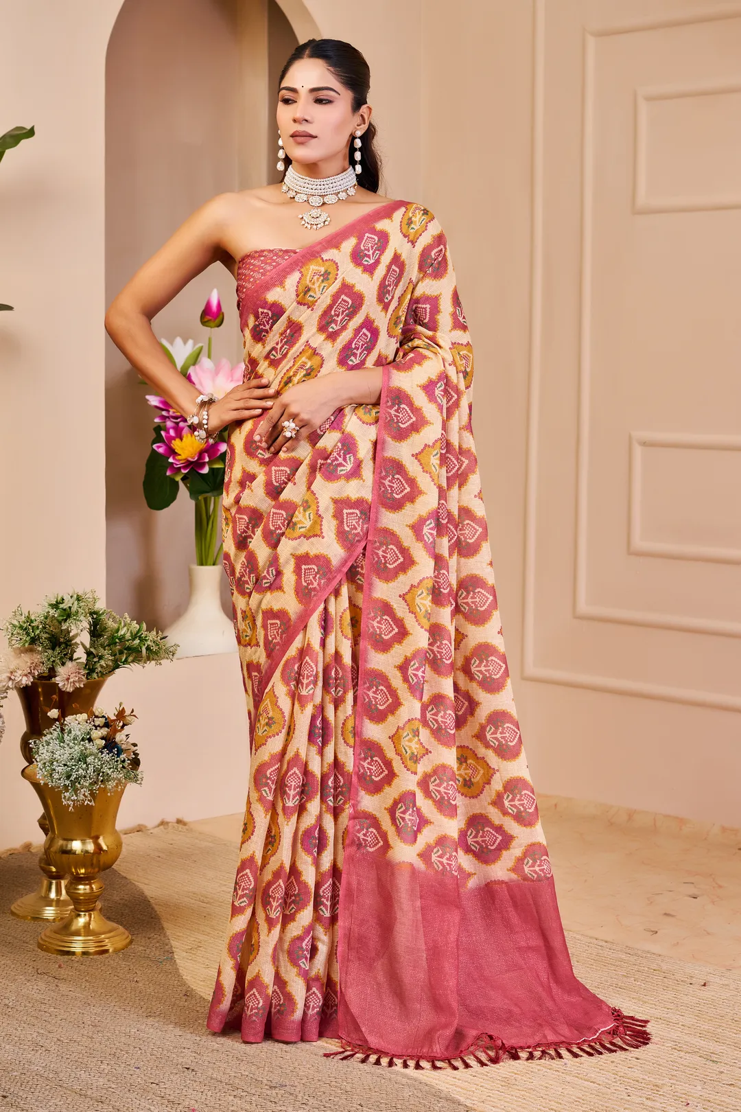 Cream Pink Tissue Handloom Cotton Saree With Zari Weave