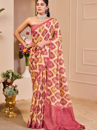 Cream Pink Tissue Handloom Cotton Saree with Zari Weave