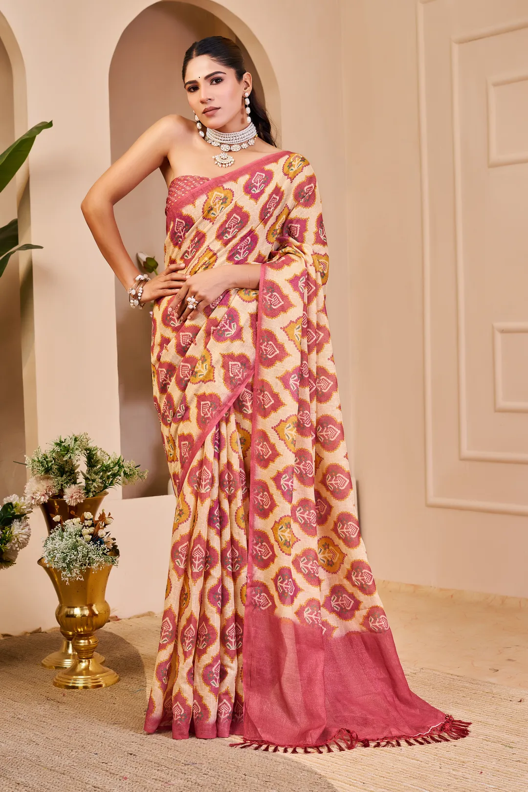 Cream Pink Tissue Handloom Cotton Saree With Zari Weave