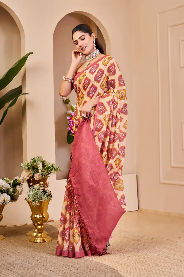 Cream Pink Tissue Handloom Cotton Saree With Zari Weave