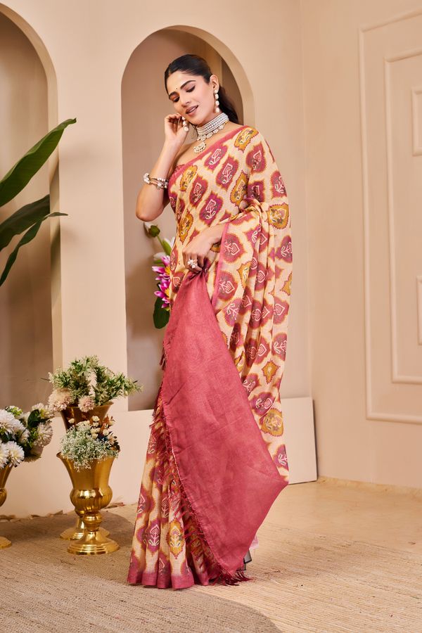 Cream Pink Tissue Handloom Cotton Saree With Zari Weave