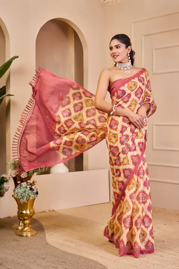 Cream Pink Tissue Handloom Cotton Saree With Zari Weave