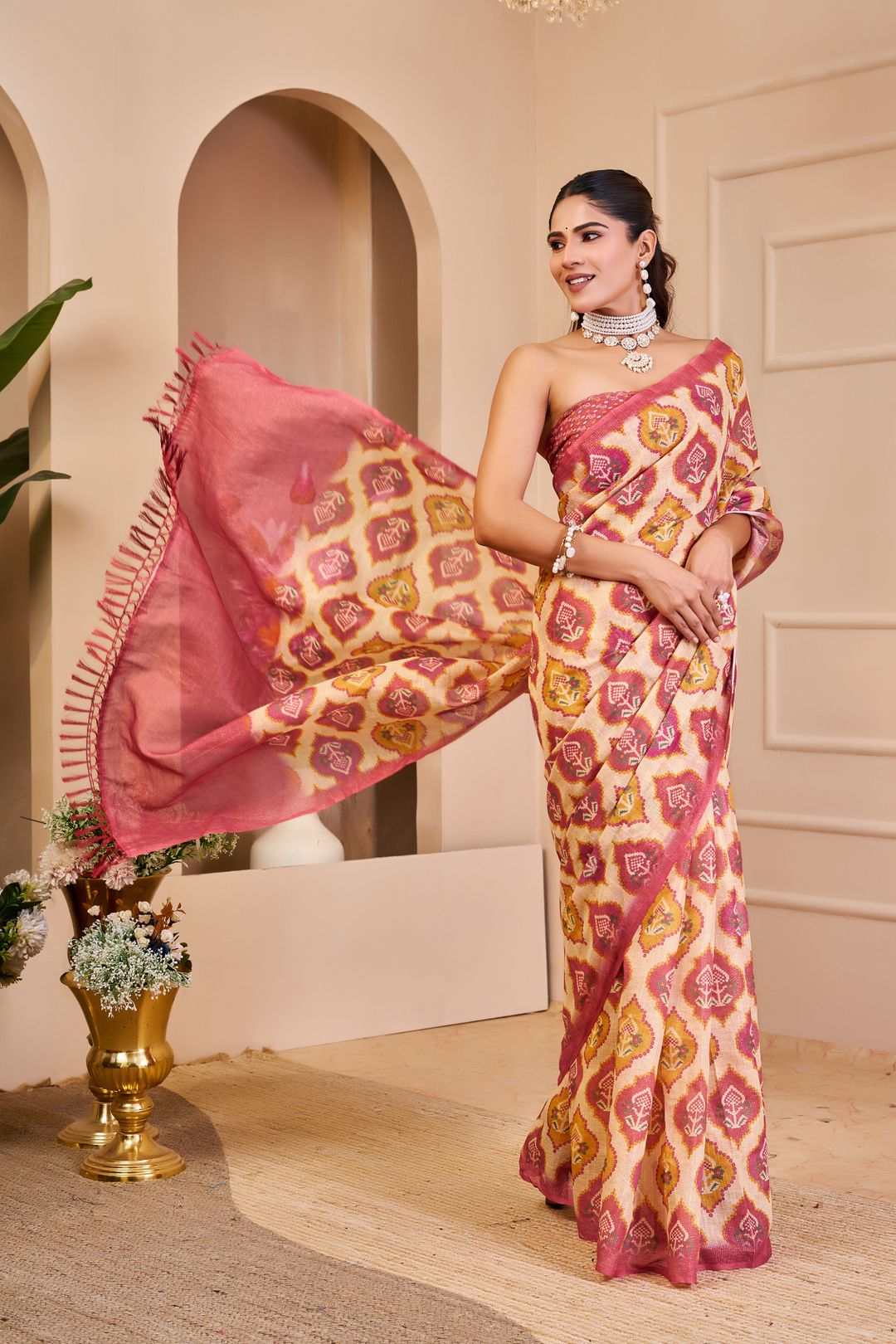 Cream Pink Tissue Handloom Cotton Saree With Zari Weave