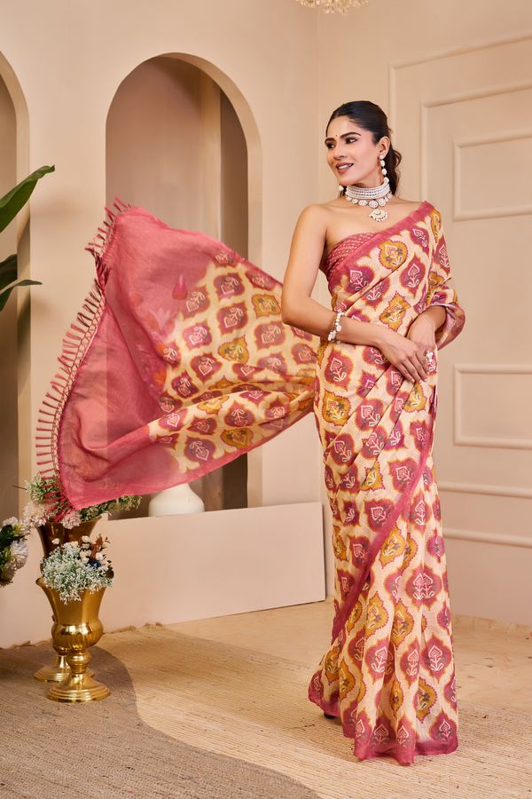 Cream Pink Tissue Handloom Cotton Saree With Zari Weave