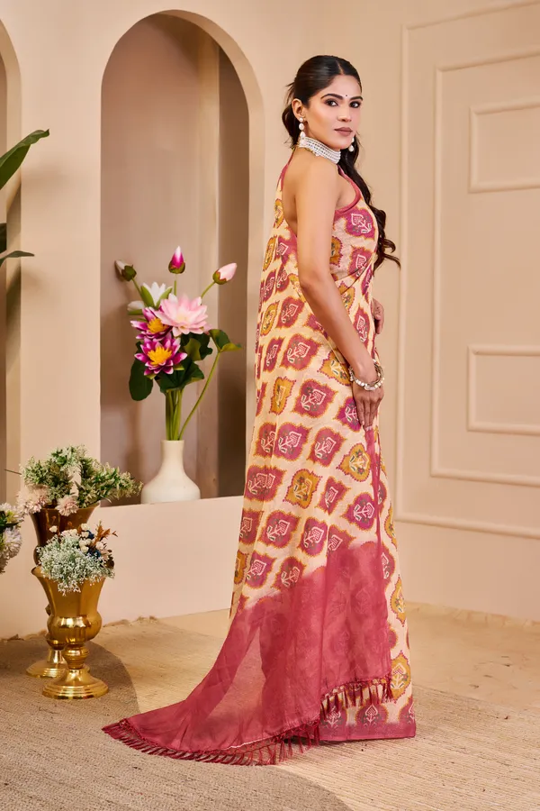 Cream Pink Tissue Handloom Cotton Saree With Zari Weave