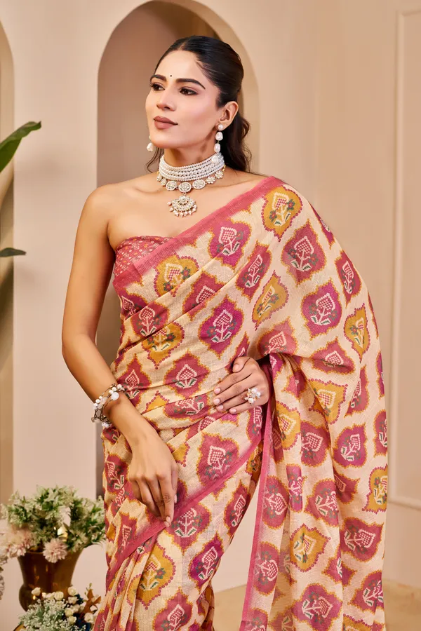 Cream Pink Tissue Handloom Cotton Saree With Zari Weave