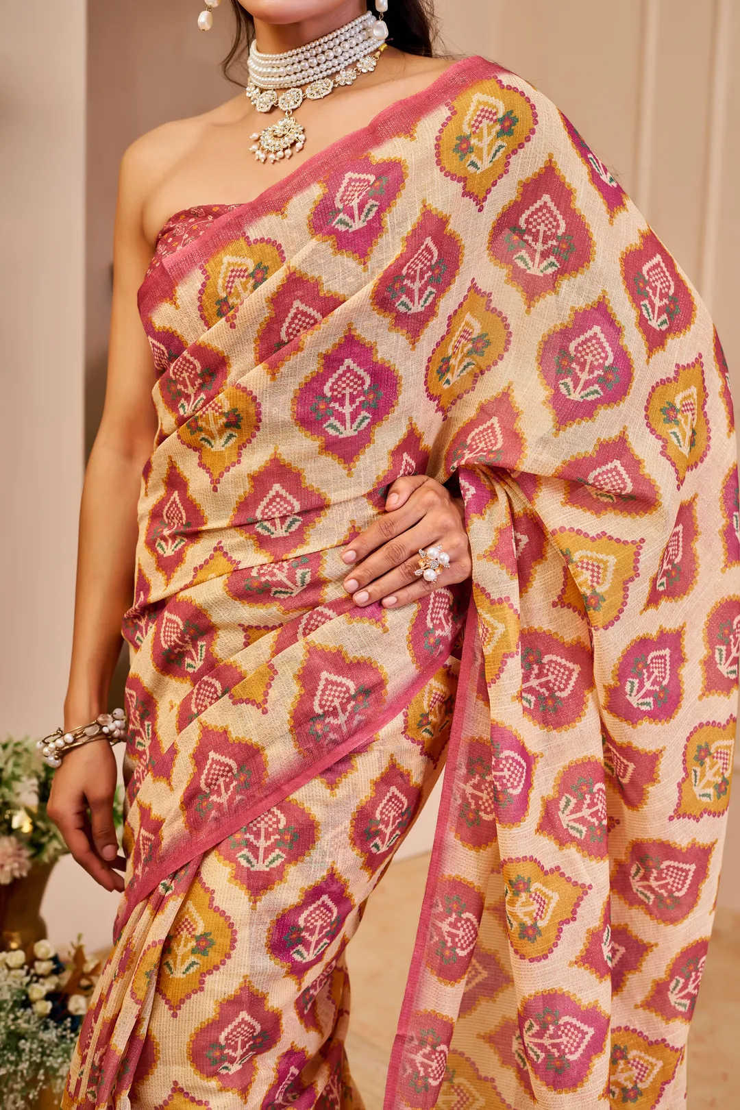 Cream Pink Tissue Handloom Cotton Saree With Zari Weave