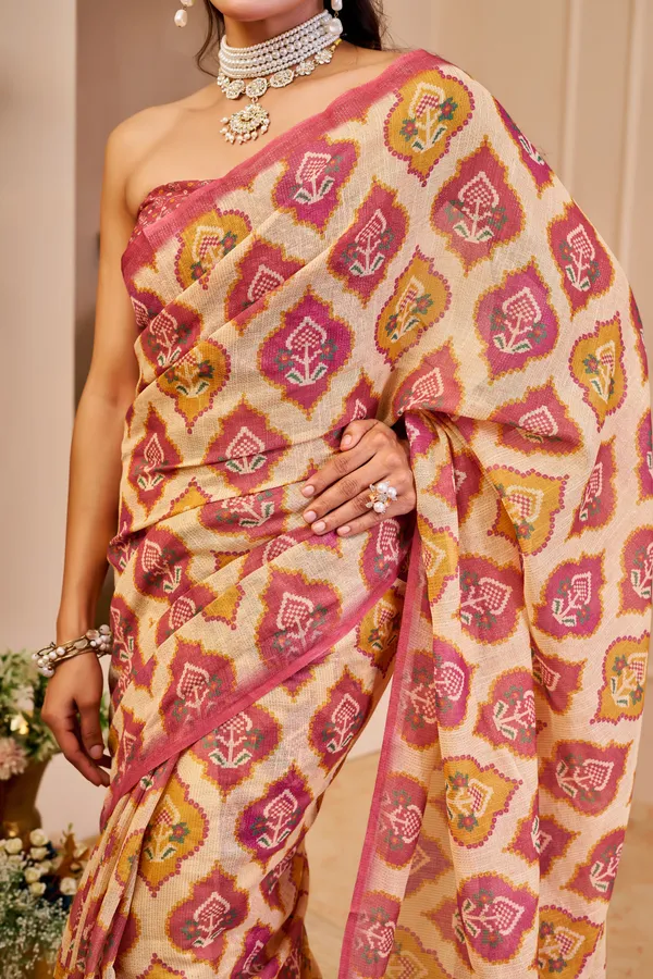 Cream Pink Tissue Handloom Cotton Saree With Zari Weave